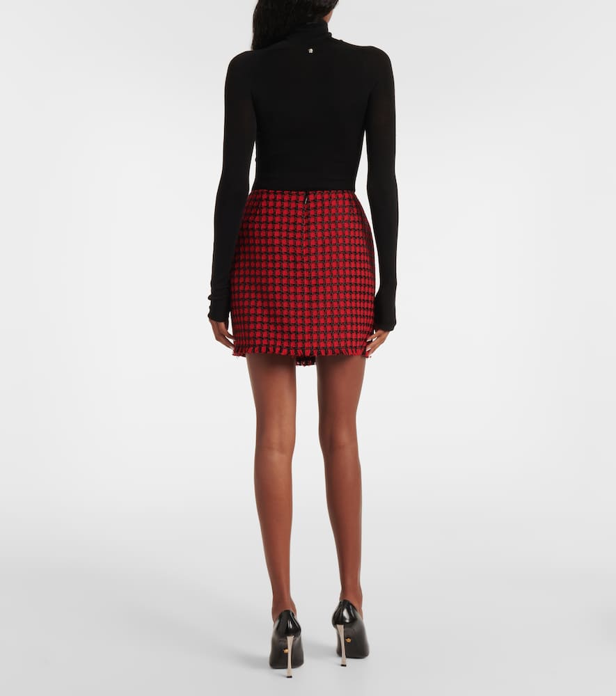 Versace Button-embellished Frayed Checked Tweed Mini Skirt In Red