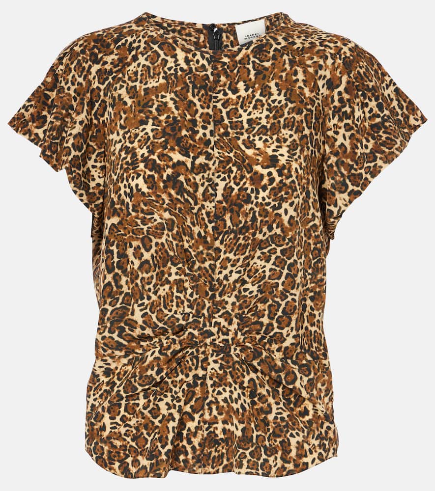 Isabel Marant Tullya Gathered Leopard Print Stretch Silk Top In Brown