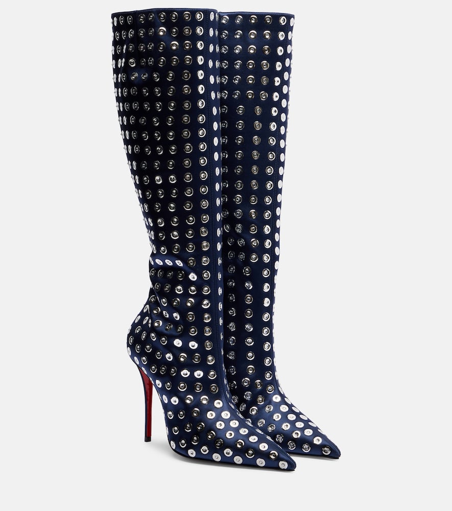 Christian Louboutin Miss Z 100 Embellished Satin Knee-high Boots In Blue