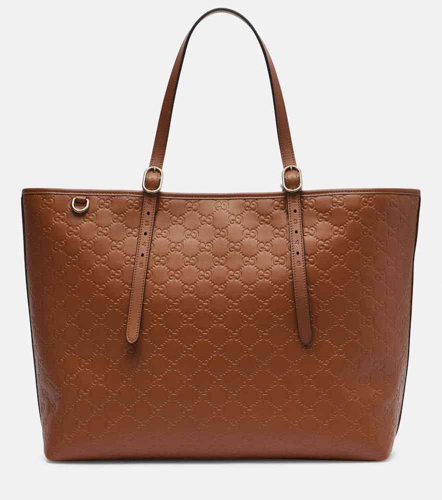 Gucci Emblem Gg Leather Tote Bag In Sand