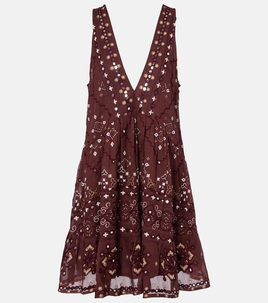 Juliet Dunn Embroidered Cotton Minidress In Brown