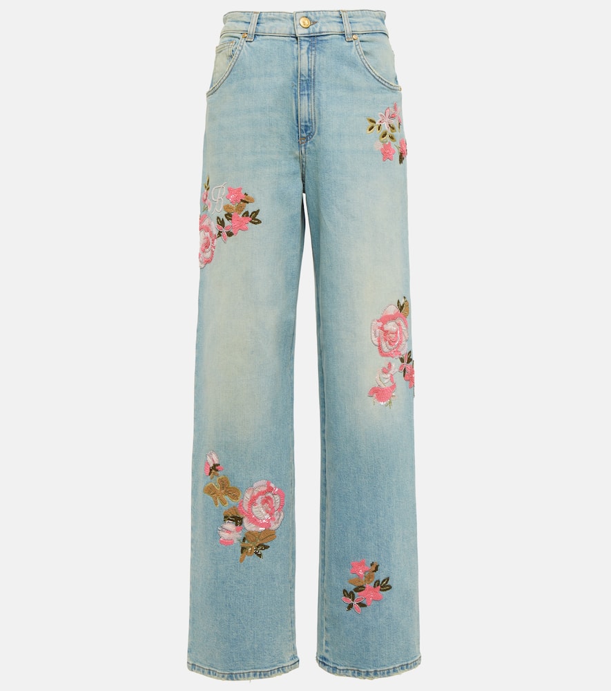 Blumarine Embroidered Roses Wide Denim Jeans In Sterling Blue