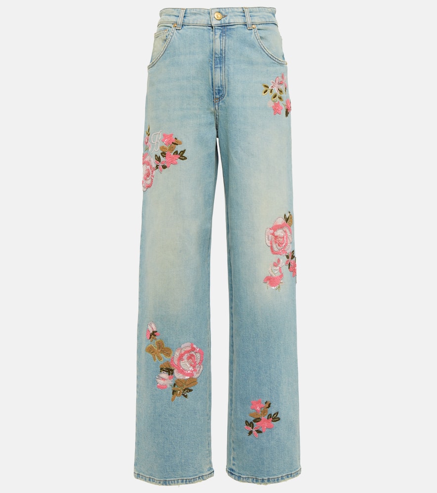 Shop Blumarine Embroidered High-rise Straight Jeans In Sterling Blue