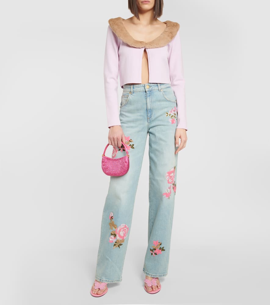 Blumarine Embroidered Roses Wide Denim Jeans In Sterling Blue