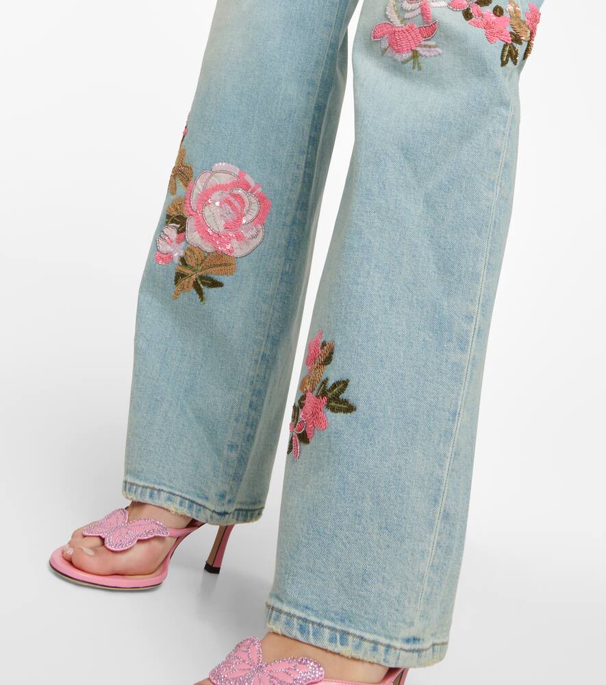 Blumarine Embroidered Roses Wide Denim Jeans In Sterling Blue