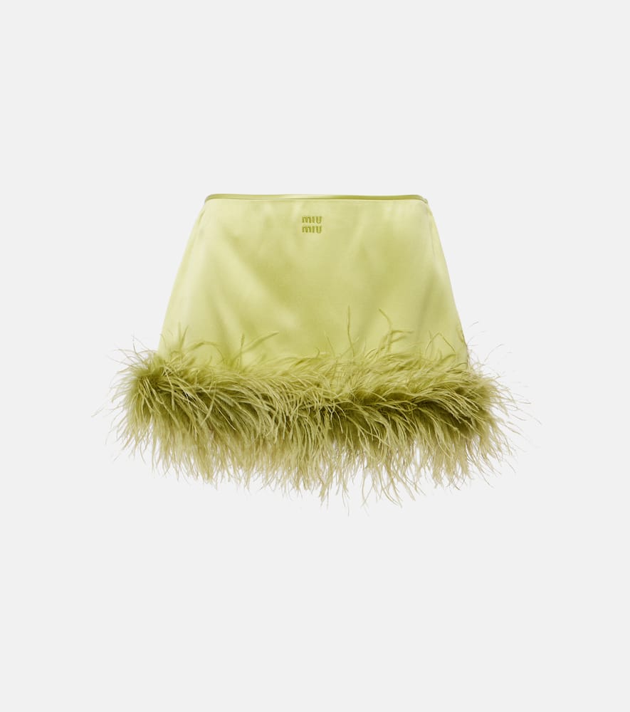 Feather-trimmed satin miniskirt