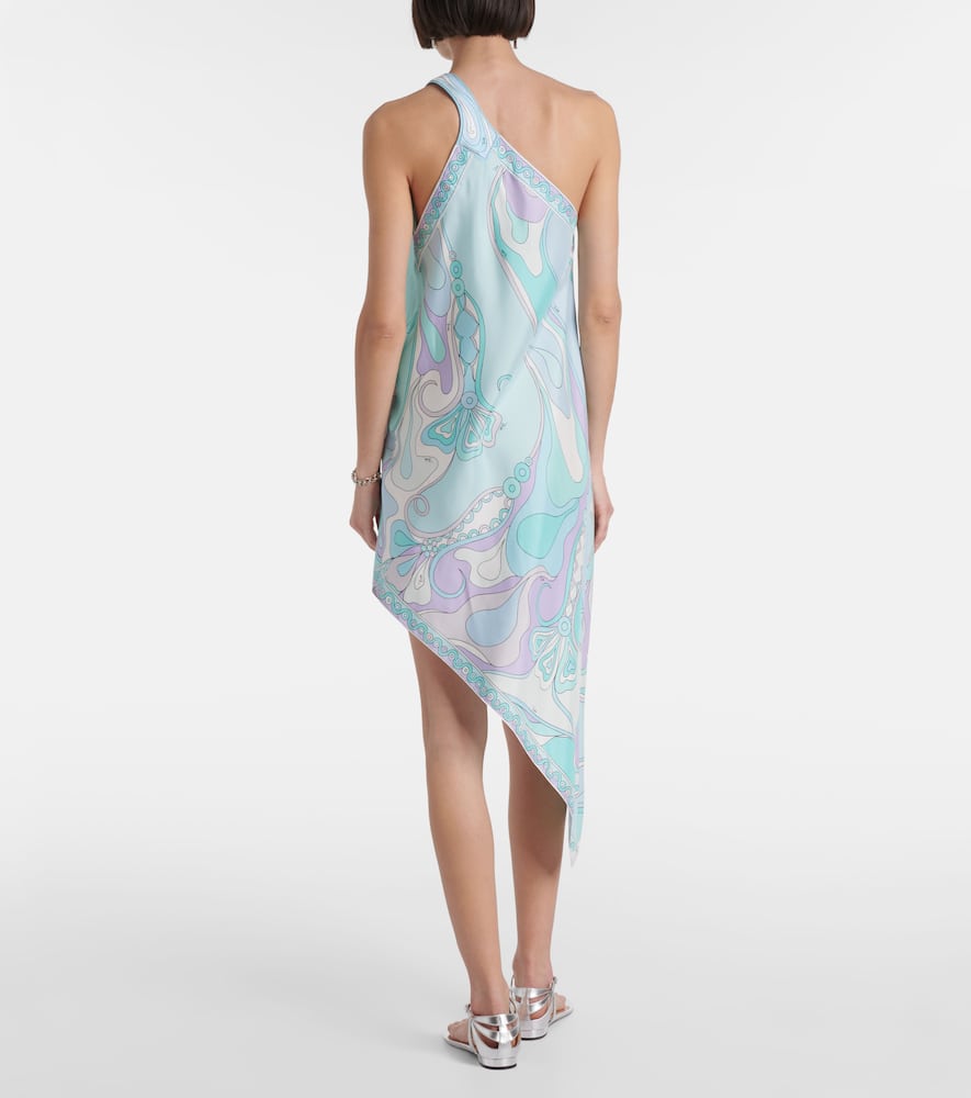 Pucci Orchidee Asymmetric Silk Twill Minidress In Blue