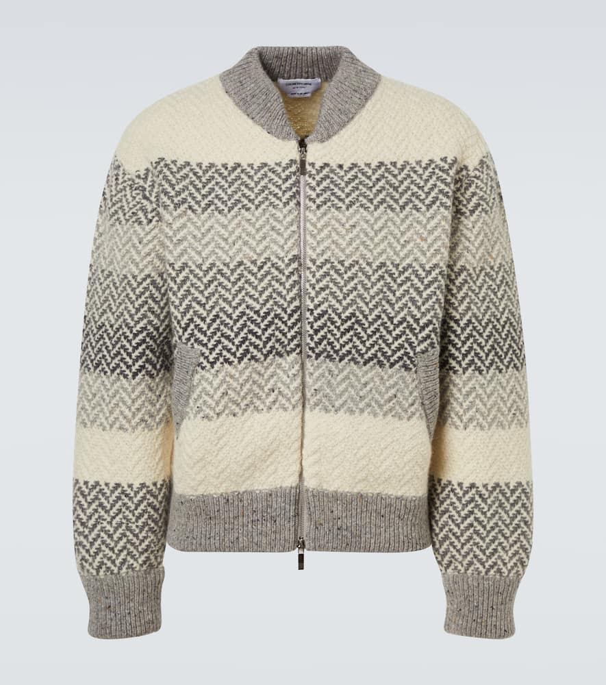 Thom Browne Chevron Striped Wool And Mohair Zip-up Cardigan In Gray