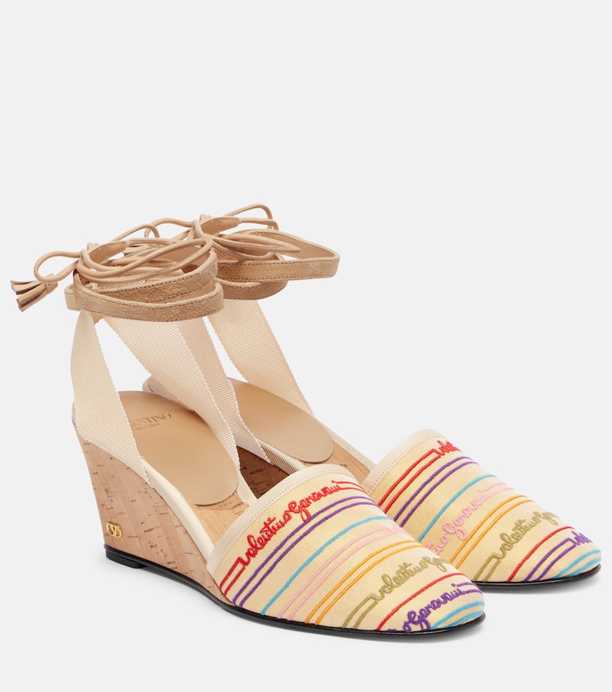 Valentino La Cruisette 75 Tasseled Embroidered Canvas Wedge Sandals In Multi