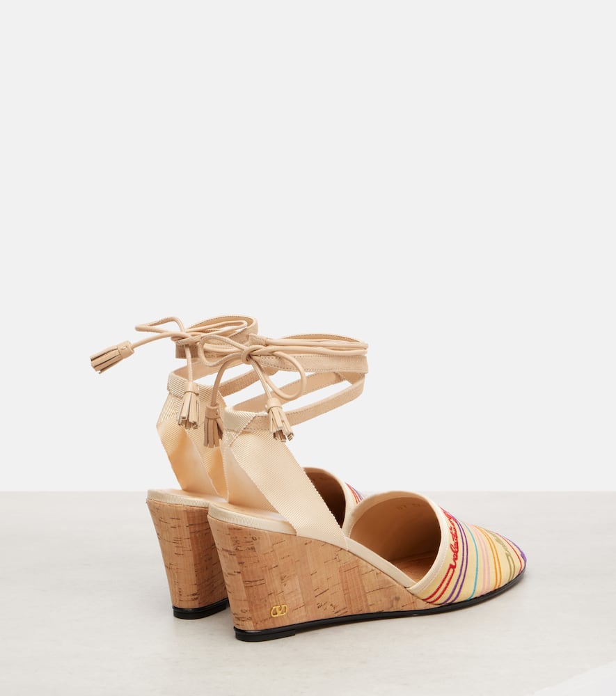 Valentino La Cruisette 75 Tasseled Embroidered Canvas Wedge Sandals In Multi