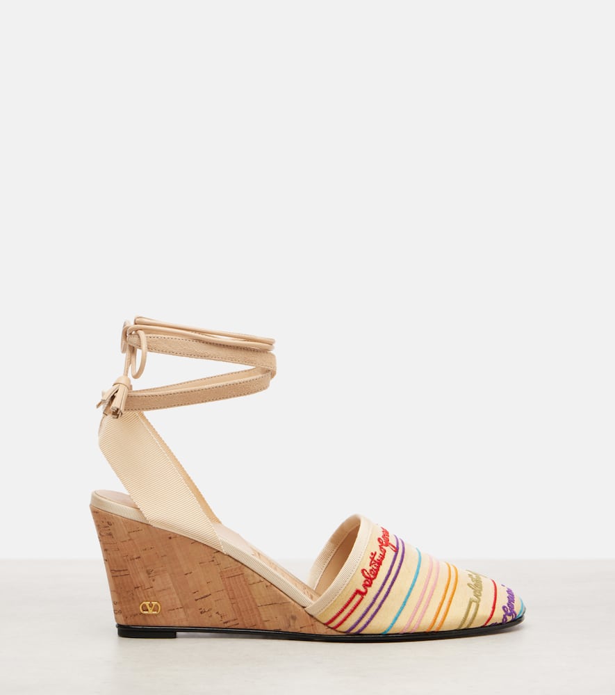 Valentino La Cruisette 75 Tasseled Embroidered Canvas Wedge Sandals In Multi