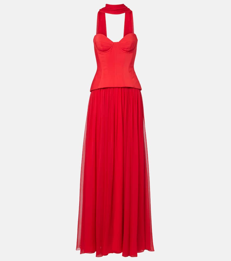 Monique Lhuillier Vermilion Crêpe And Chiffon Corset Gown In Red