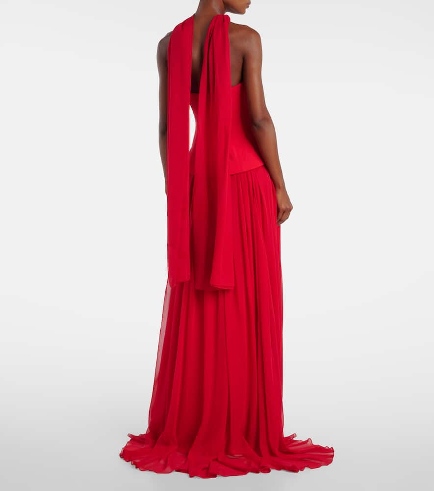 Monique Lhuillier Vermilion Crêpe And Chiffon Corset Gown In Red