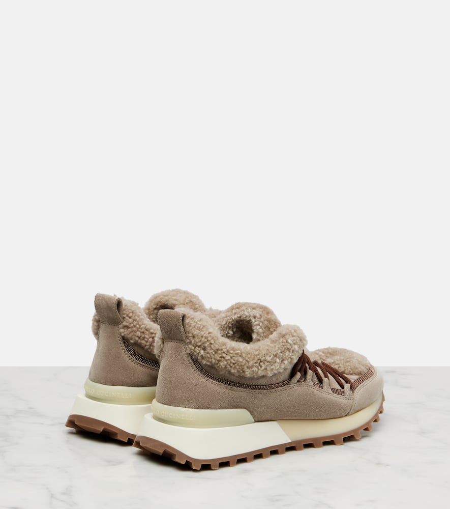 Brunello Cucinelli Shearling-lined Suede Sneakers In Nude