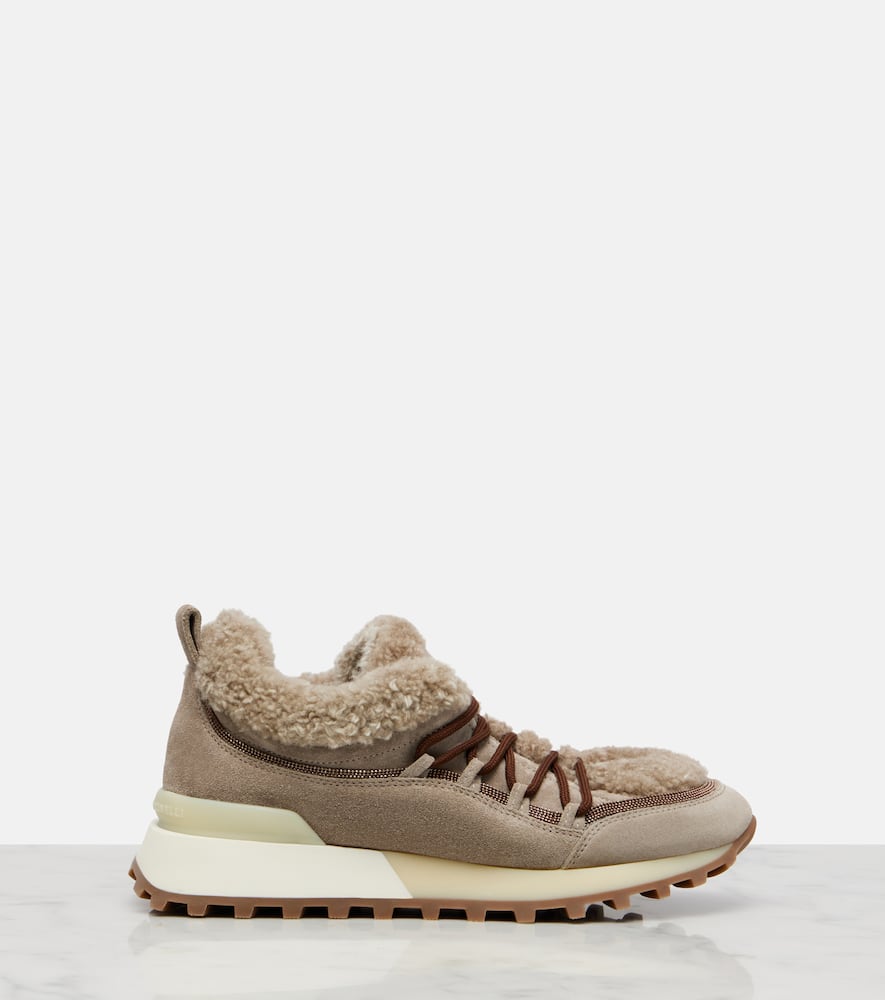 Brunello Cucinelli Shearling-lined Suede Sneakers In Nude