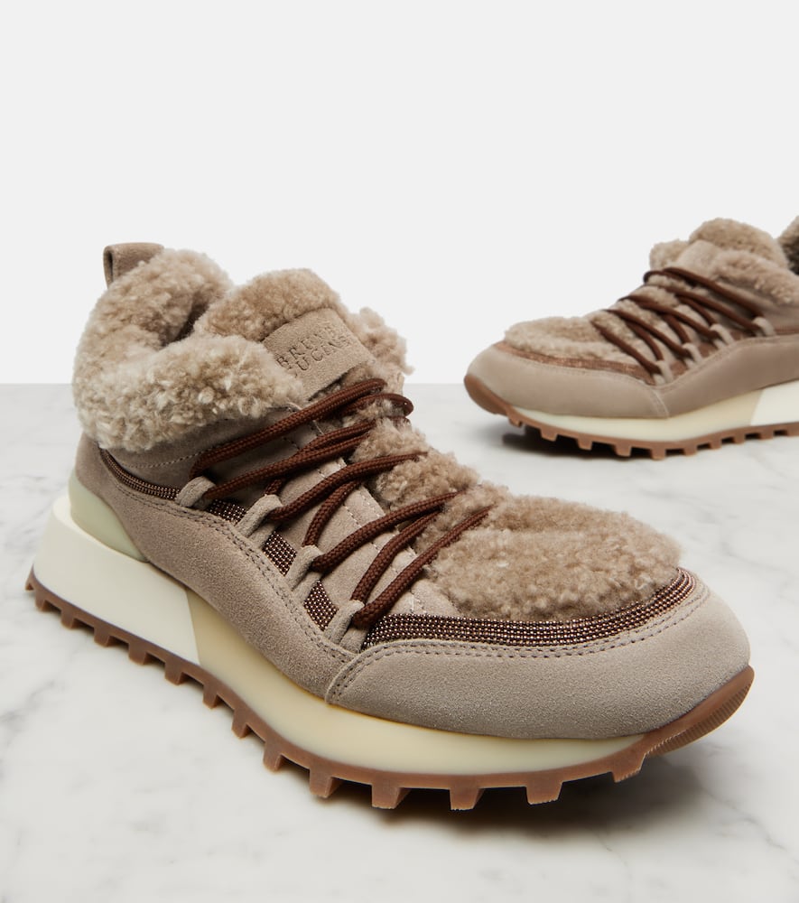 Brunello Cucinelli Shearling-lined Suede Sneakers In Nude