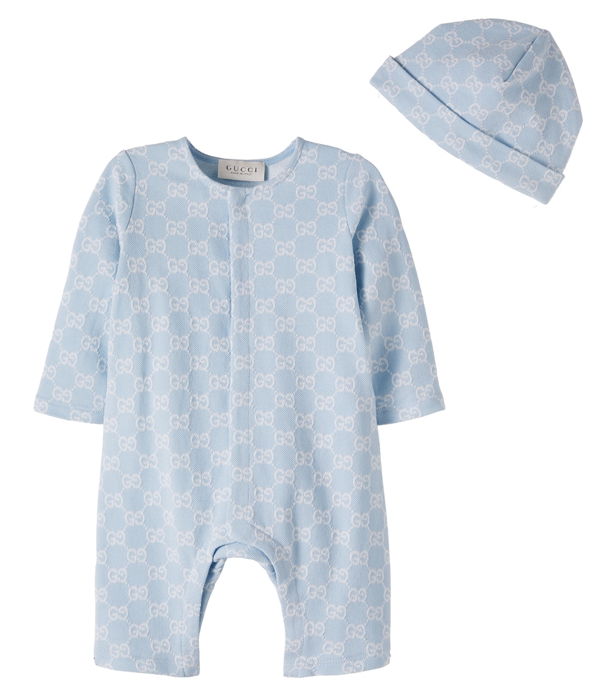 Gucci Kids Blue Baby Gg Cotton Pique Onesie And Beanie Set - Mytheresa