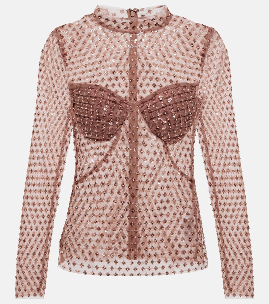 Self-Portrait Sequined mesh top