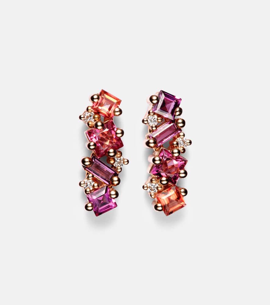 Suzanne Kalan 14kt Rose Gold Climber Earrings With Gemstones And Diamonds In Pinkmix/rg