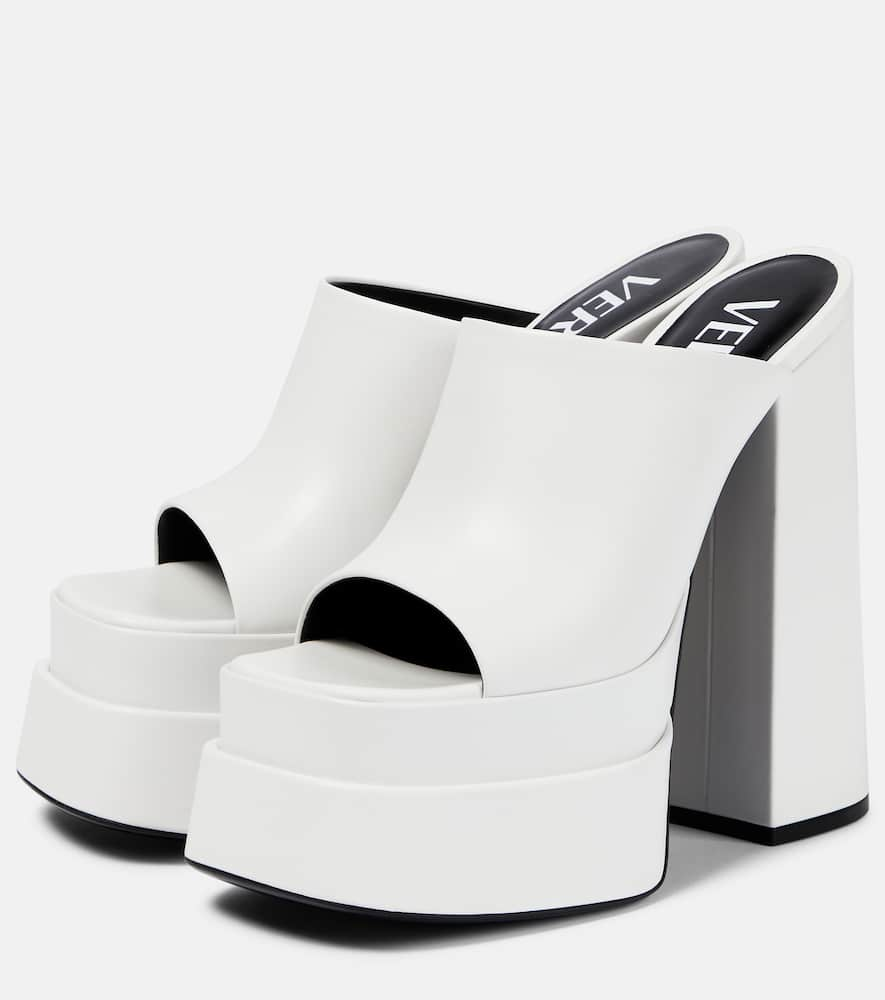 Shop Versace Leather Platform Mules In Bianco Ottico - Oro