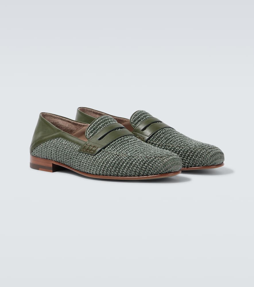 Manolo Blahnik Padstow Leather-trimmed Raffia Loafers In Green