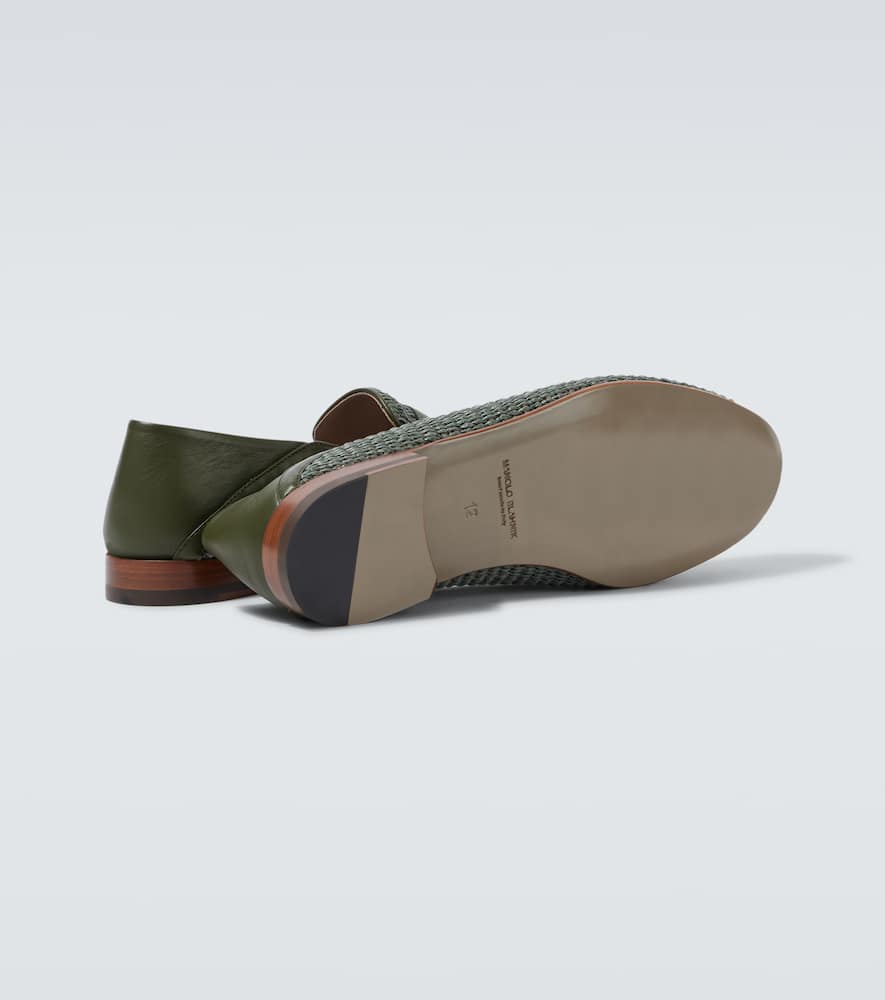 Manolo Blahnik Padstow Leather-trimmed Raffia Loafers In Green