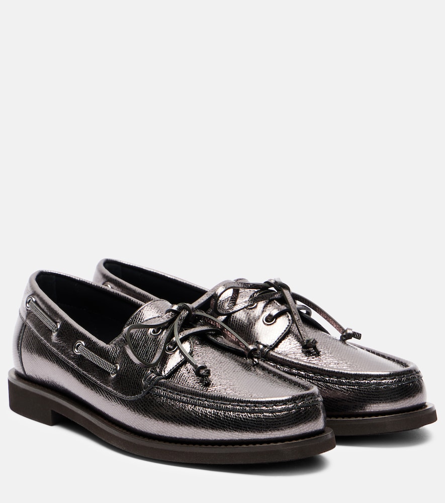 Brunello Cucinelli Monili metallic leather boat shoes