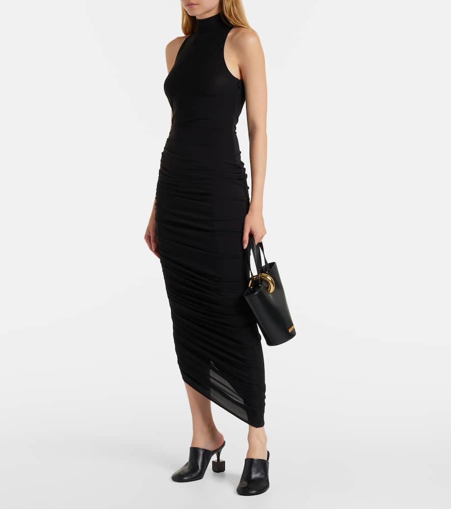 Jacquemus The Piazza Asymmetric Gathered Stretch-jersey Turtleneck Dress In Black