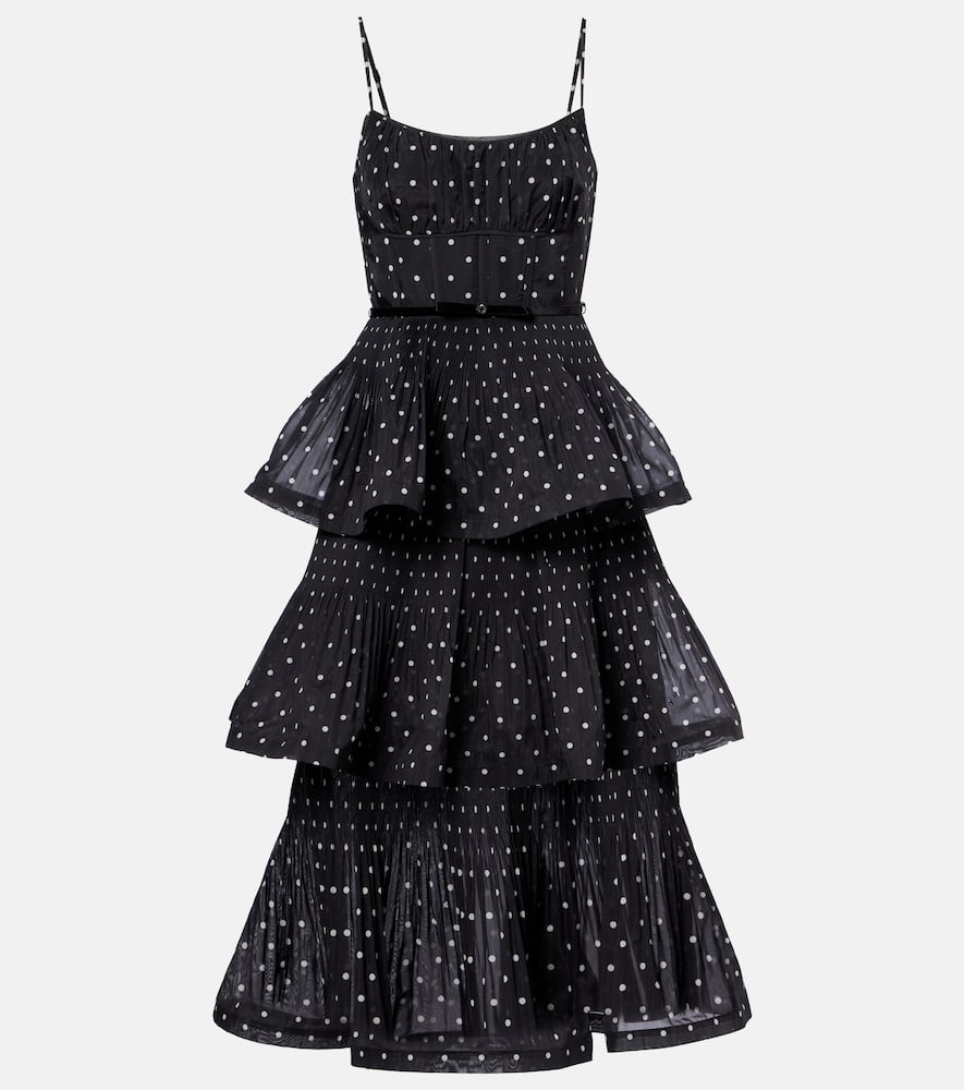 Zimmermann Pleated Tiered Midi Dress In Black Cream Polka Dot In Black