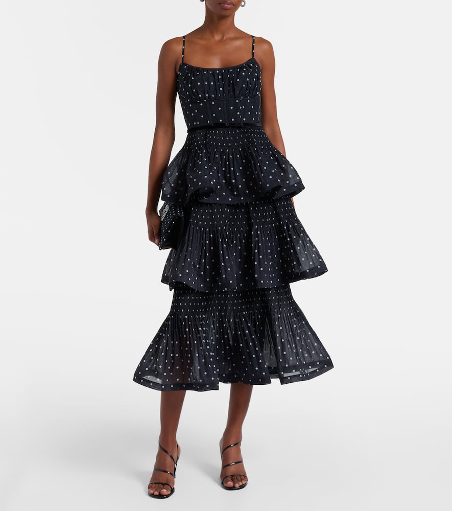 Zimmermann Pleated Tiered Midi Dress In Black Cream Polka Dot In Black
