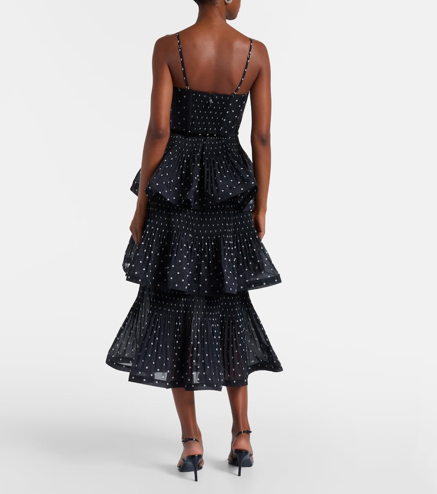 Zimmermann Pleated Tiered Midi Dress In Black Cream Polka Dot In Black