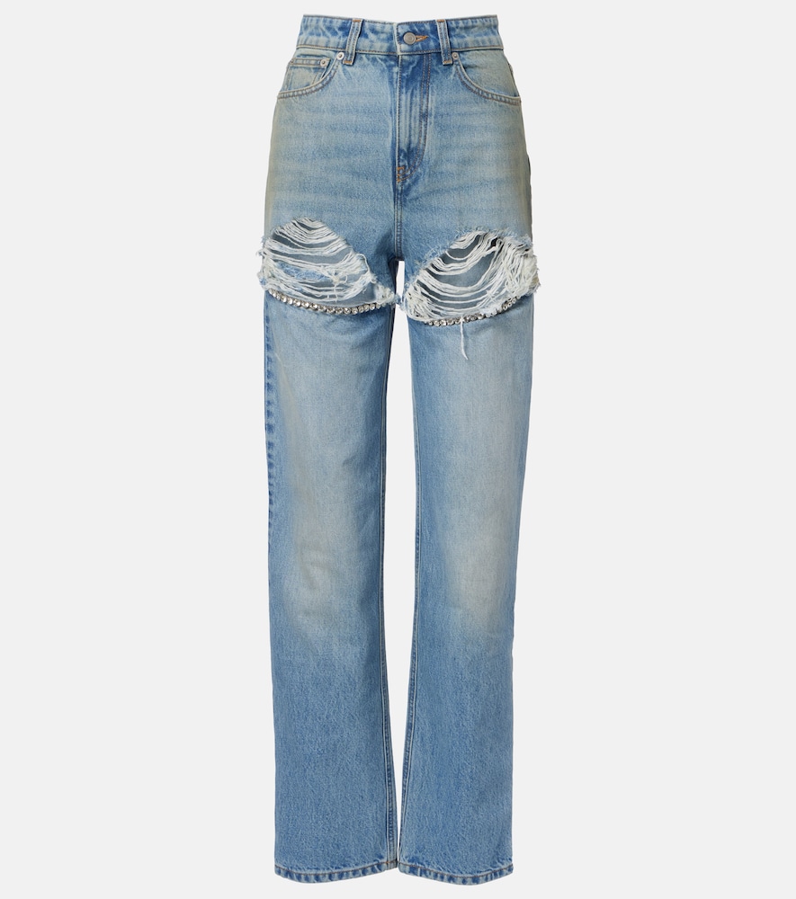 Area Distressed embellished wide-leg jeans