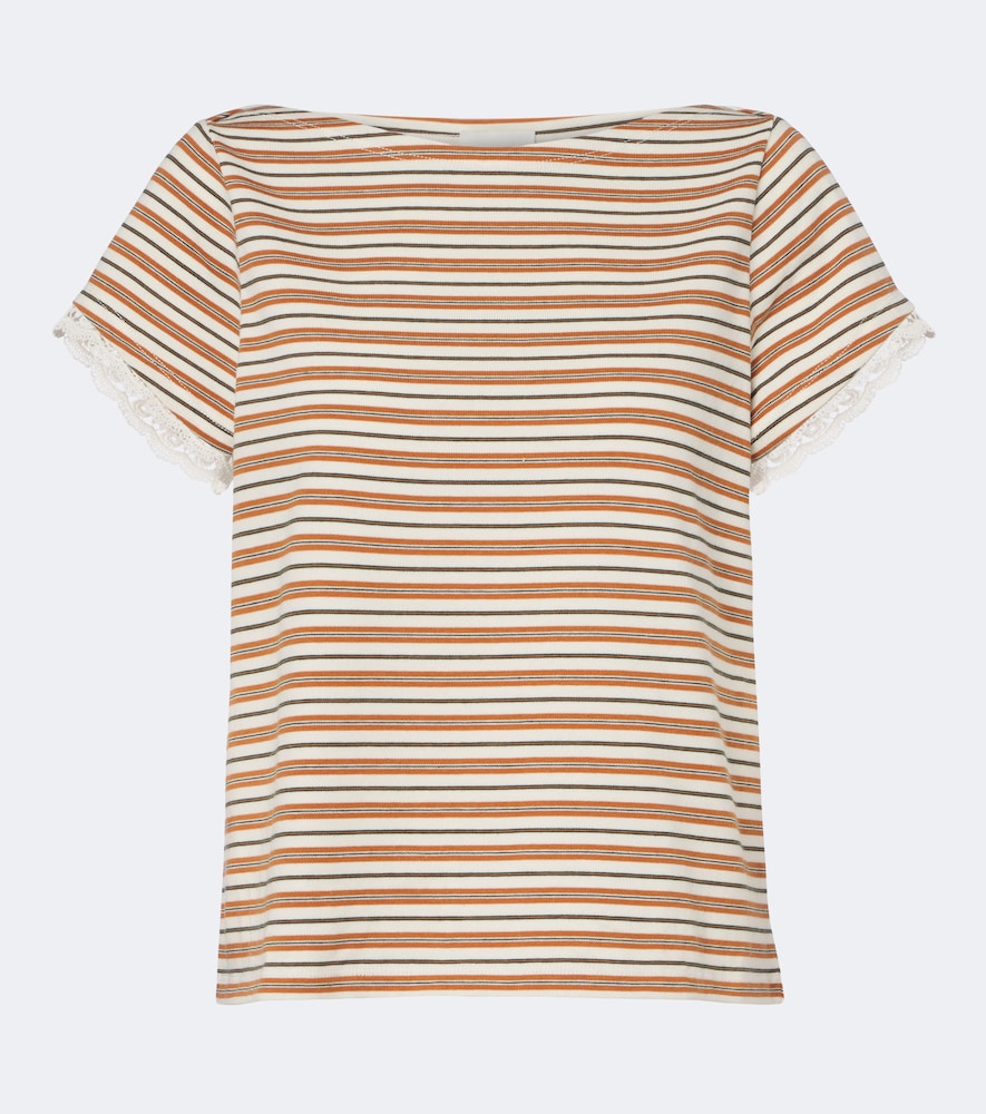 Maeve Lace-Trimmed Striped Cotton T-Shirt