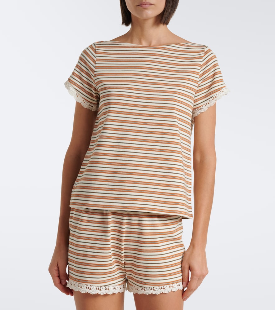 Maeve Lace-Trimmed Striped Cotton T-Shirt