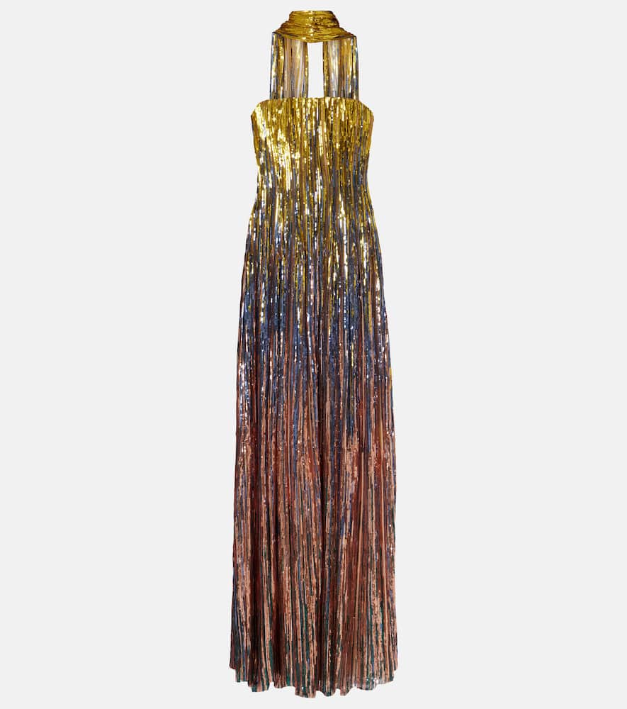Sequined scarf-detail strapless gown