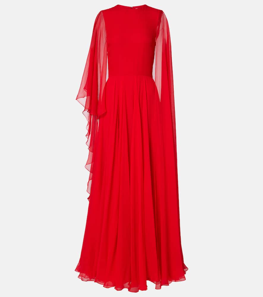 Caped draped silk chiffon gown