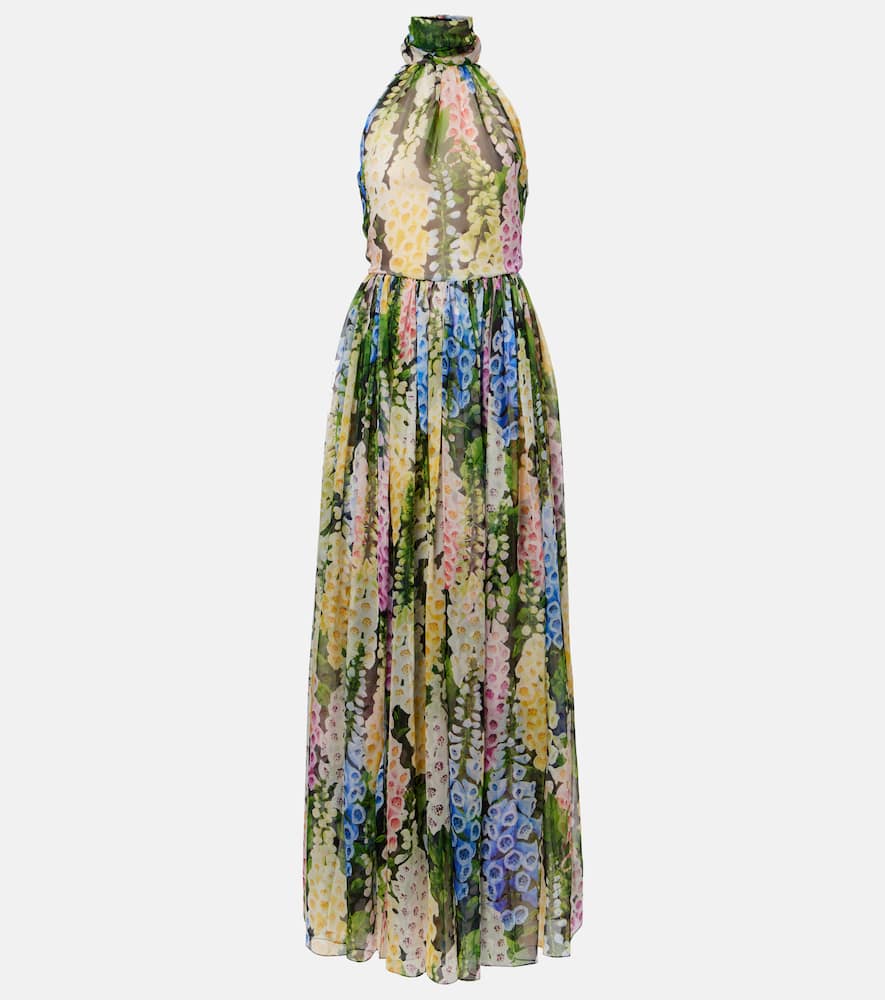 Oscar De La Renta Floral Gathered Silk Chiffon Gown In Green