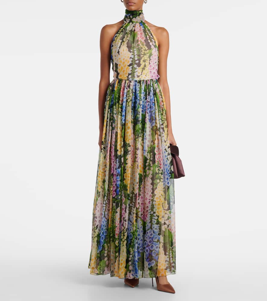 Oscar De La Renta Floral Gathered Silk Chiffon Gown In Green