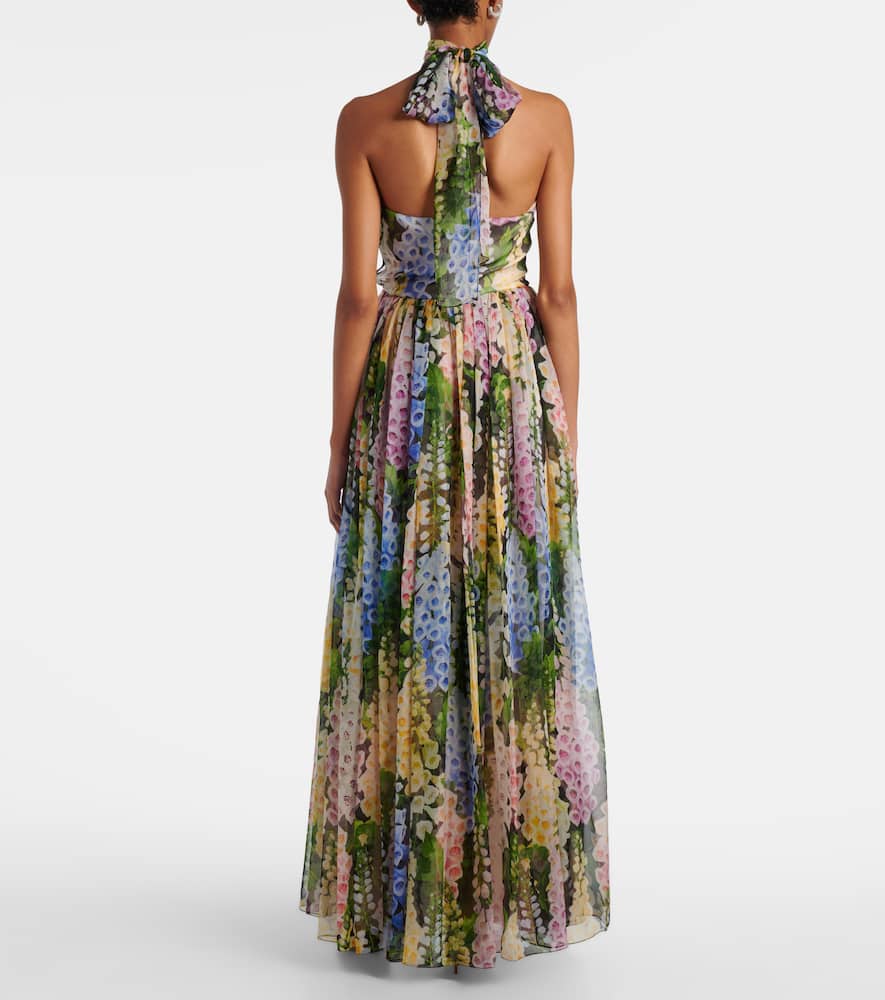 Oscar De La Renta Floral Gathered Silk Chiffon Gown In Green