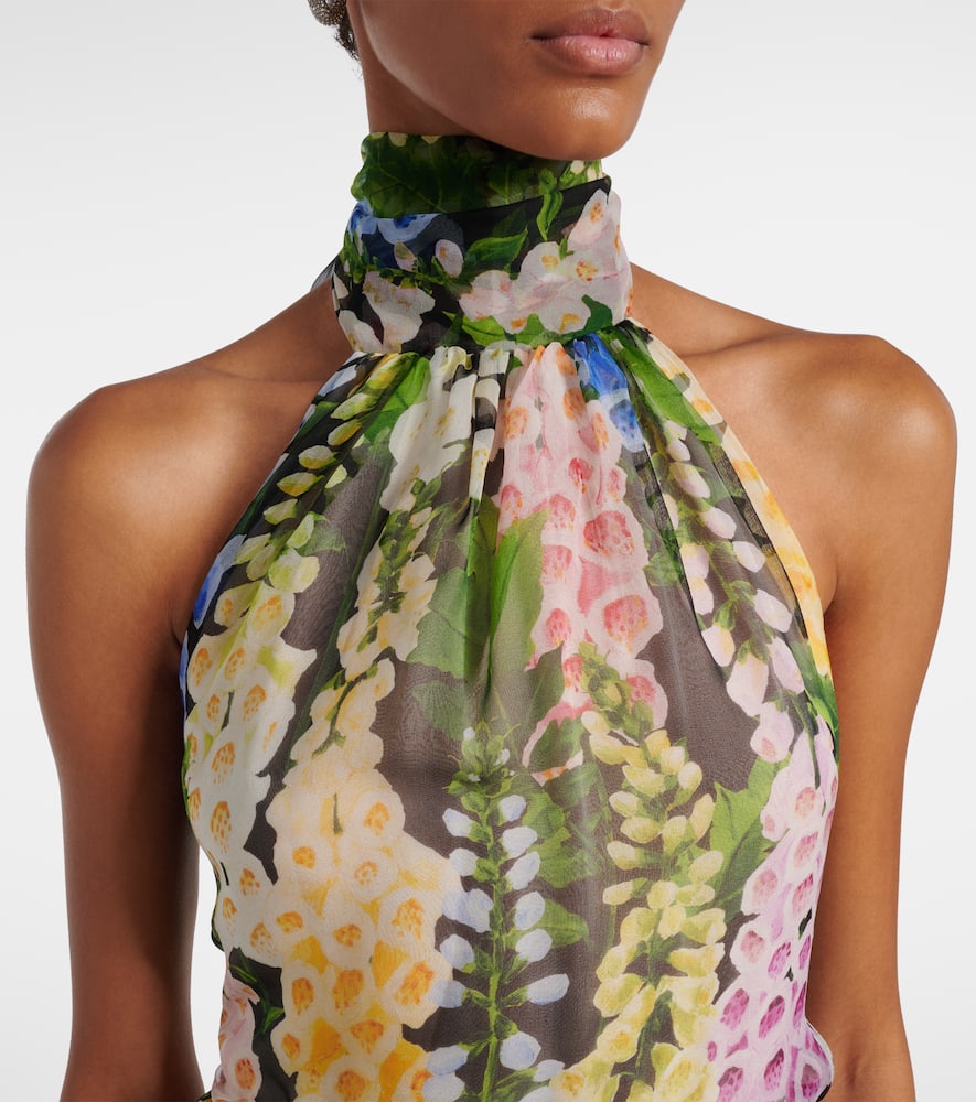 Oscar De La Renta Floral Gathered Silk Chiffon Gown In Green