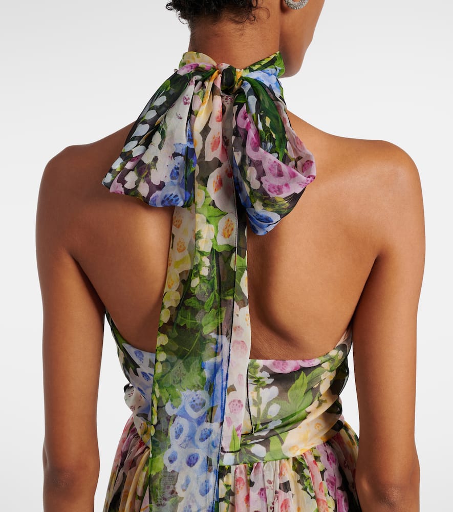 Oscar De La Renta Floral Gathered Silk Chiffon Gown In Green