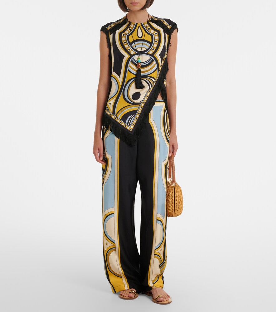 Scarf Fringed Printed Silk Voile Top