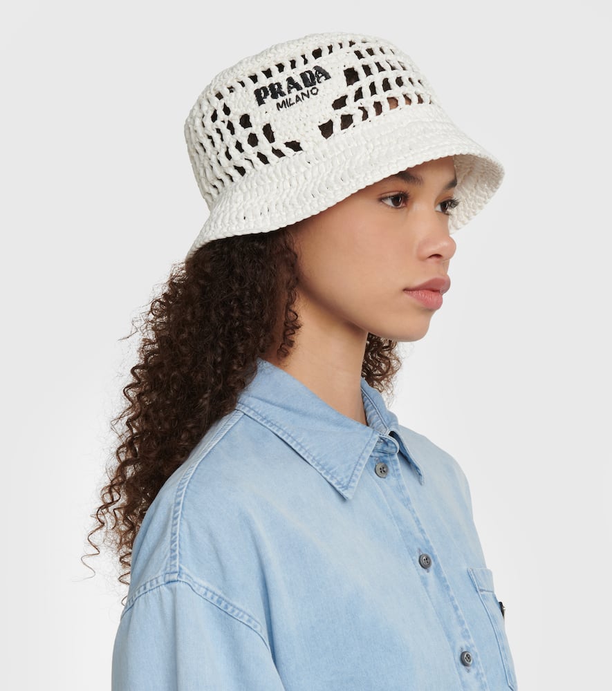 Prada Wide Brim Raffia Bucket Hat In Bianco