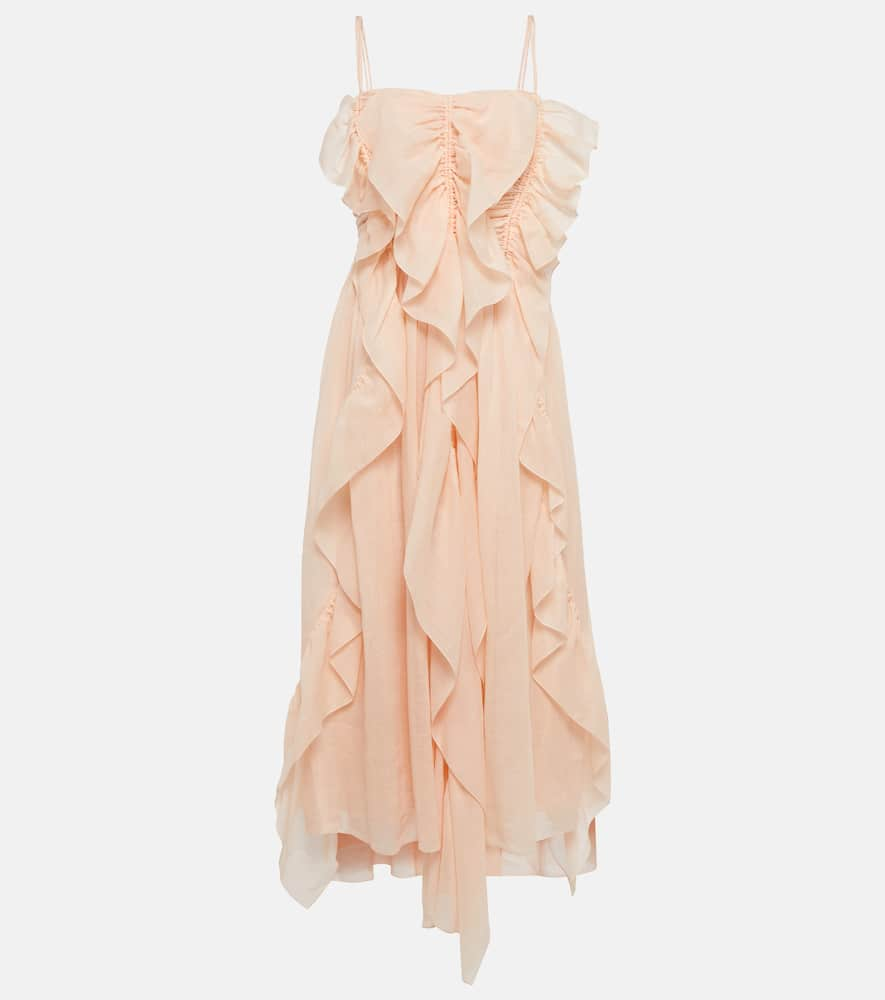 Shop Chloé Ruffle-trimmed Ramie Midi Dress In Pink