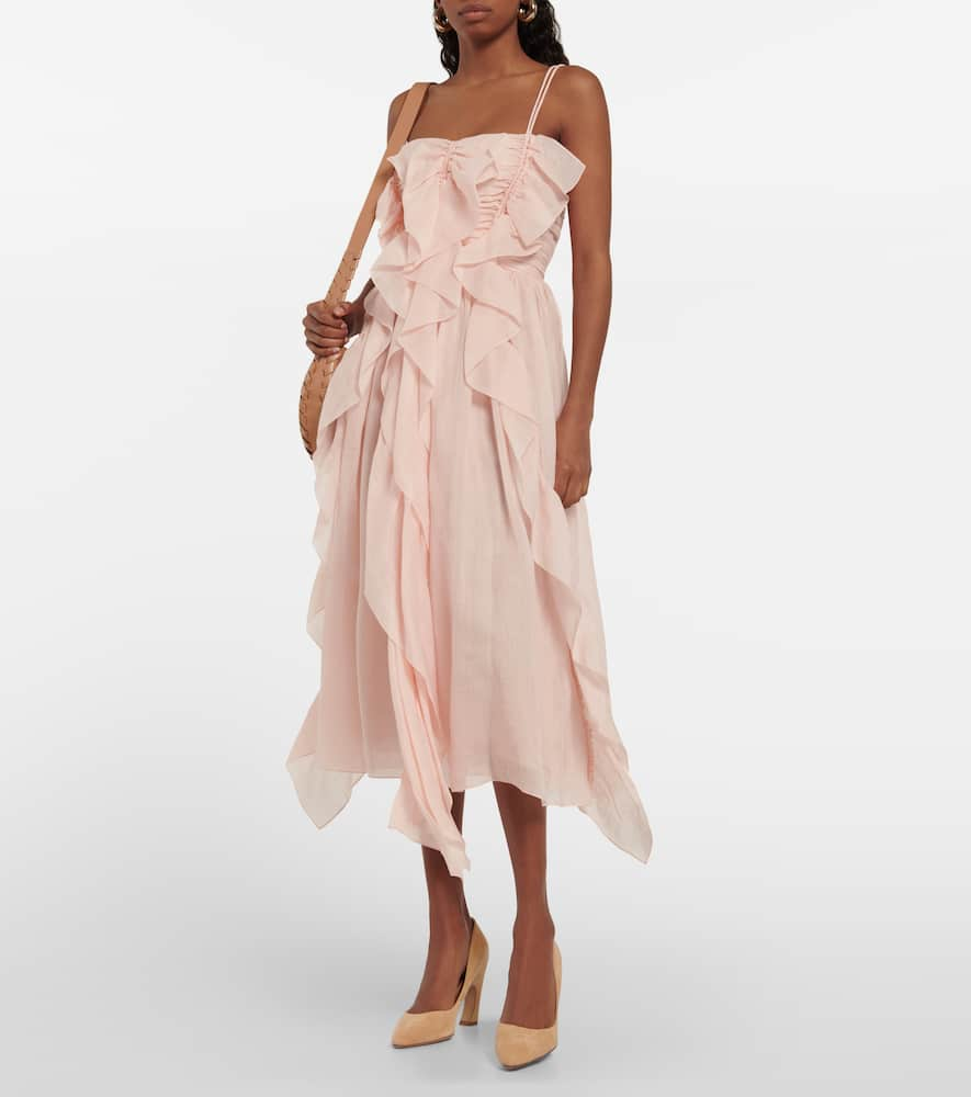 Shop Chloé Ruffle-trimmed Ramie Midi Dress In Pink