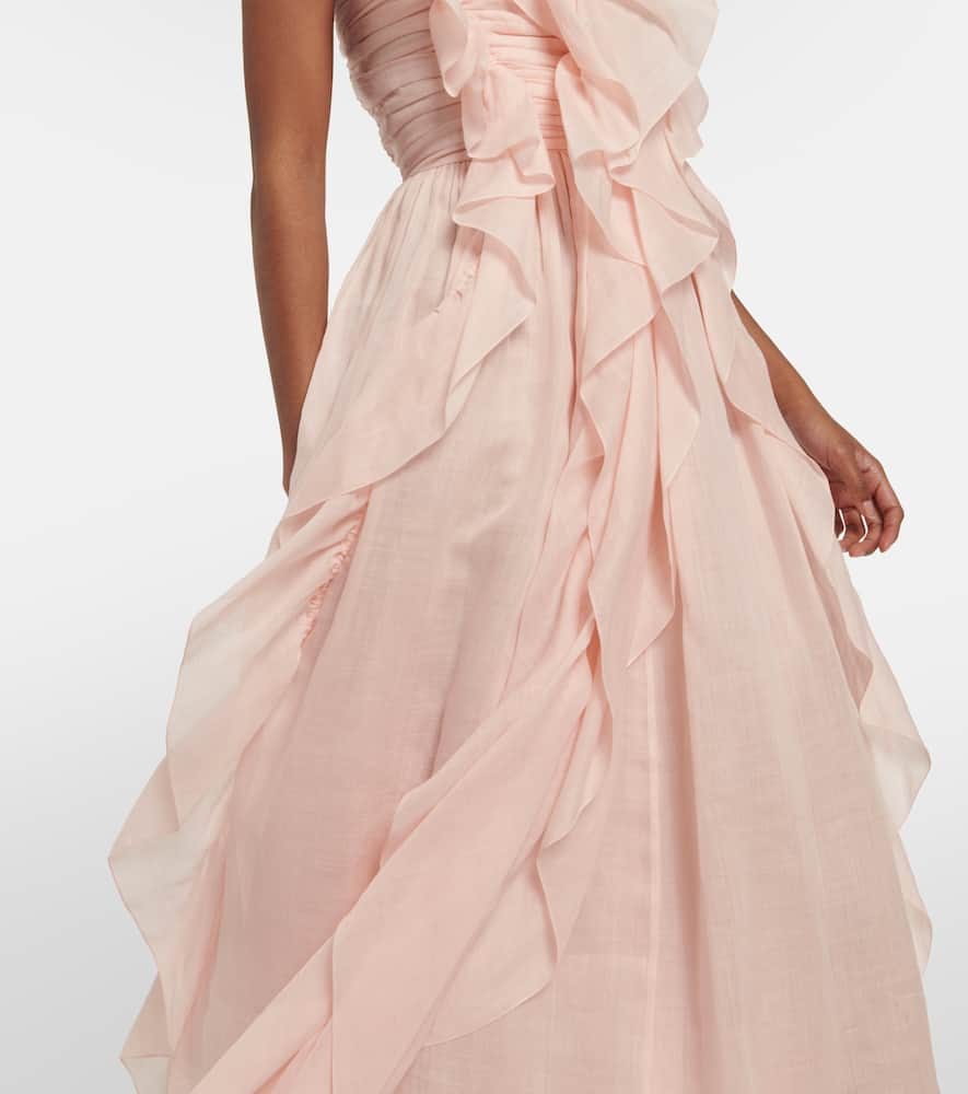 Shop Chloé Ruffle-trimmed Ramie Midi Dress In Pink