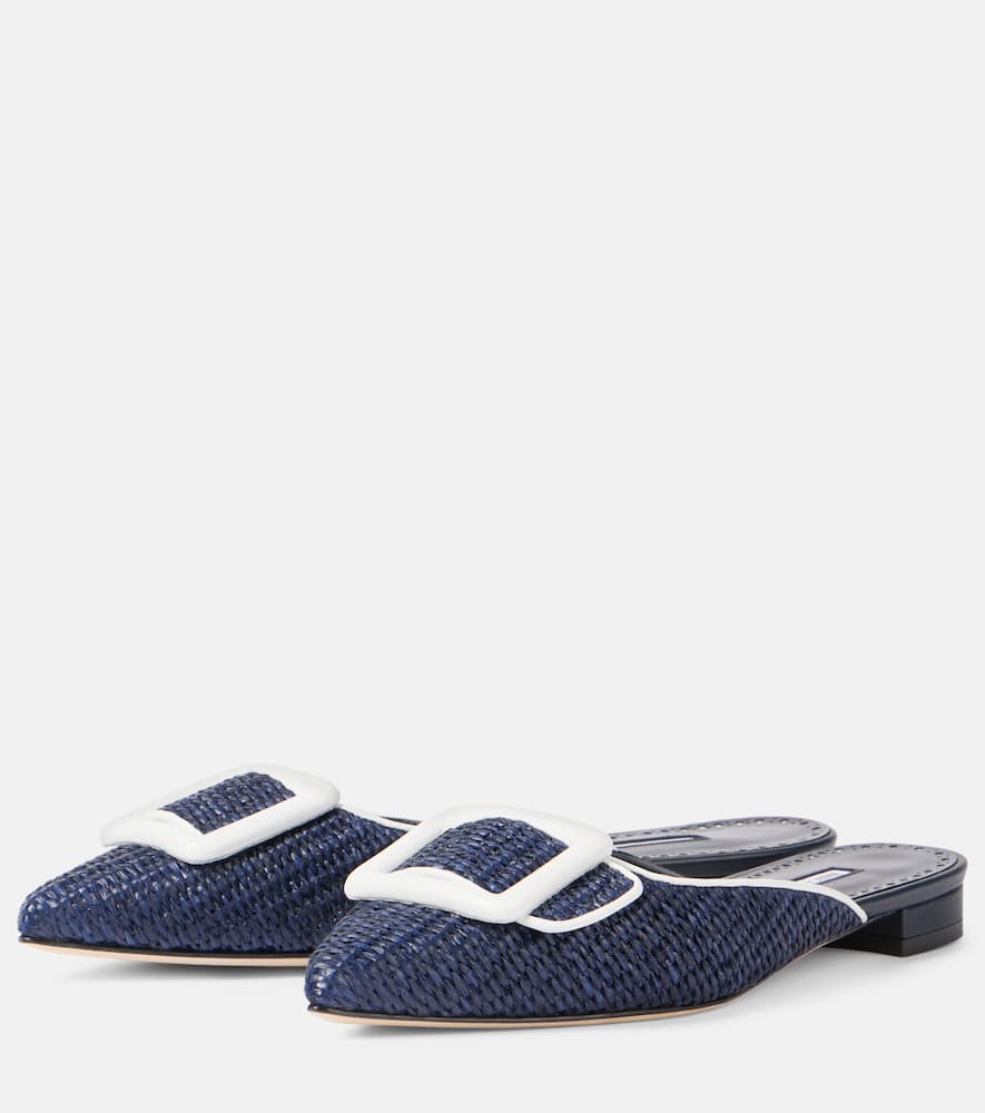 Manolo Blahnik Maysale Leather-trimmed Raffia Mules In Blue