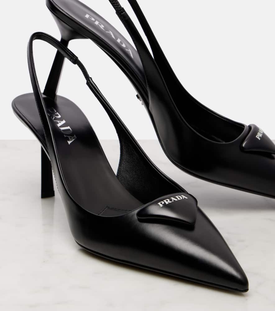 Prada Logo Leather Pointy-toe Slingback Pump In Black