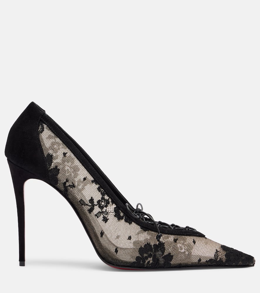 Christian Louboutin Km Lace 100 Suede-trimmed Pumps In Black
