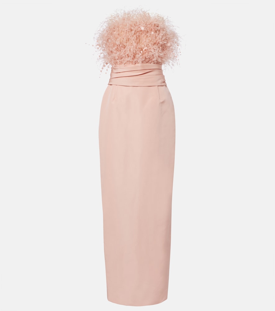 Oscar de la Renta Feather-trimmed silk faille bustier gown